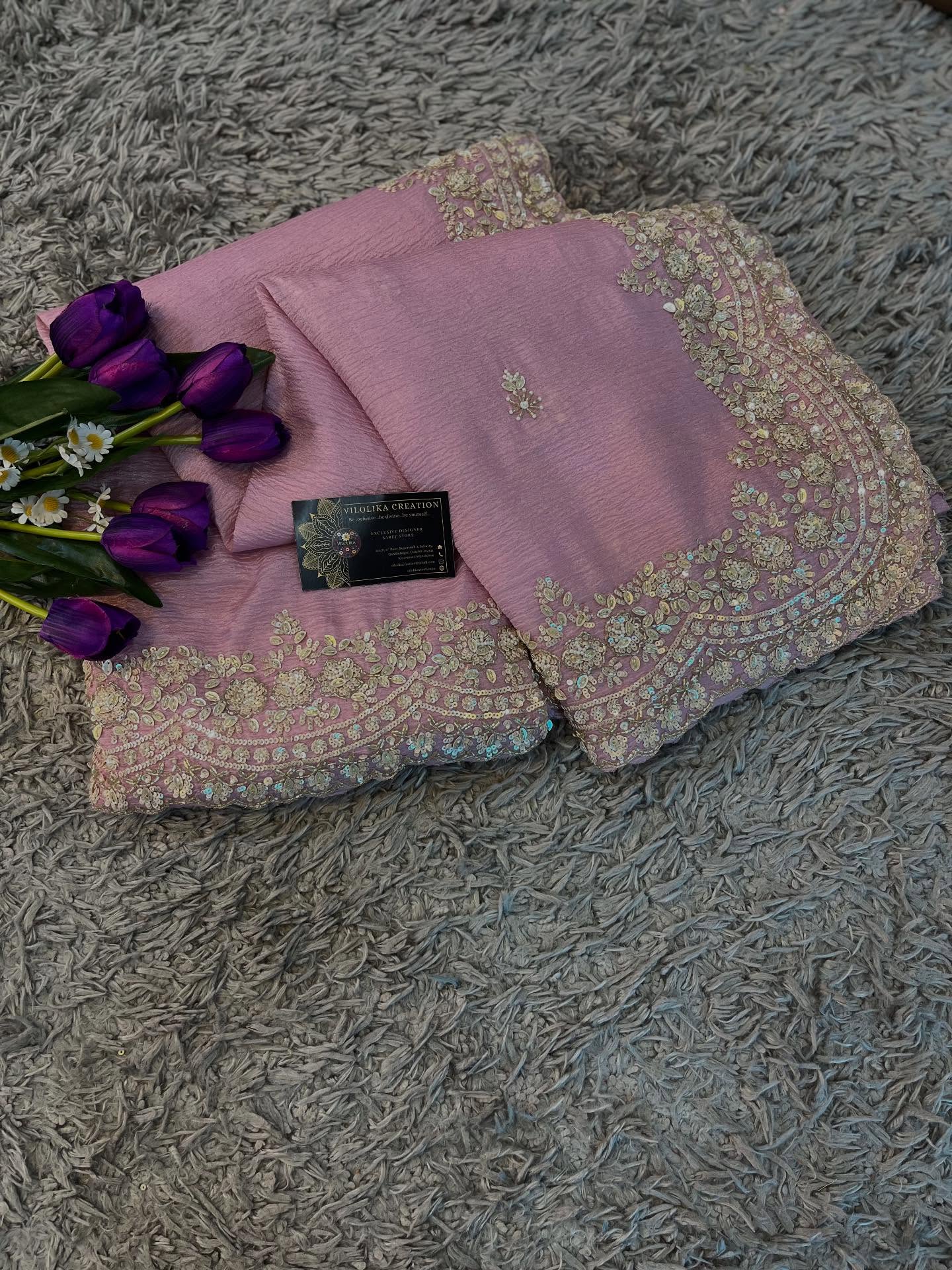 Exclusive handworked pure crush tissue saree