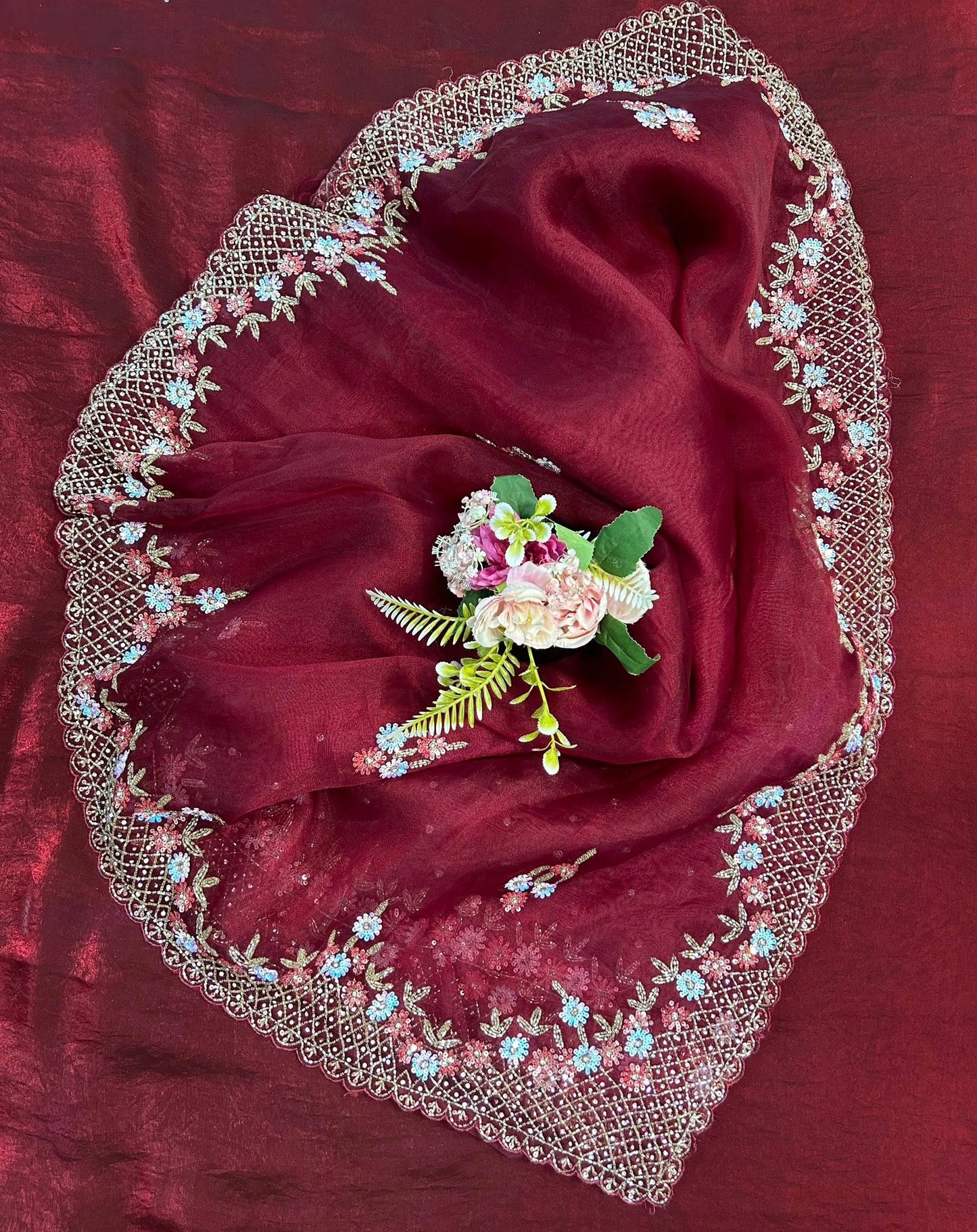 Handworked Tissue organza saree in triangle motif