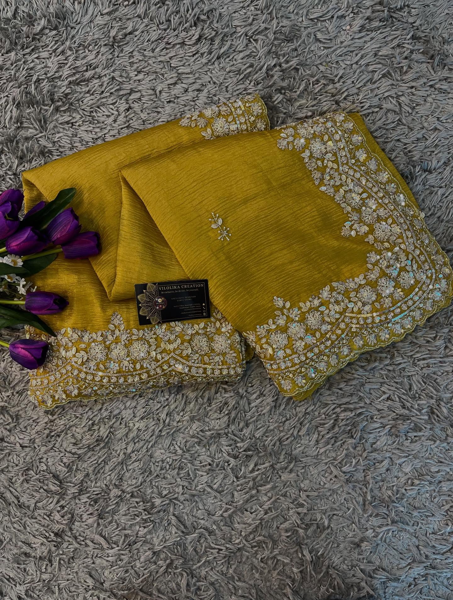 Exclusive handworked pure crush tissue saree