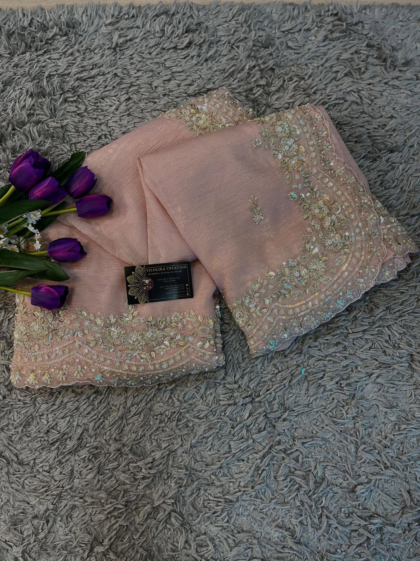 Exclusive handworked pure crush tissue saree