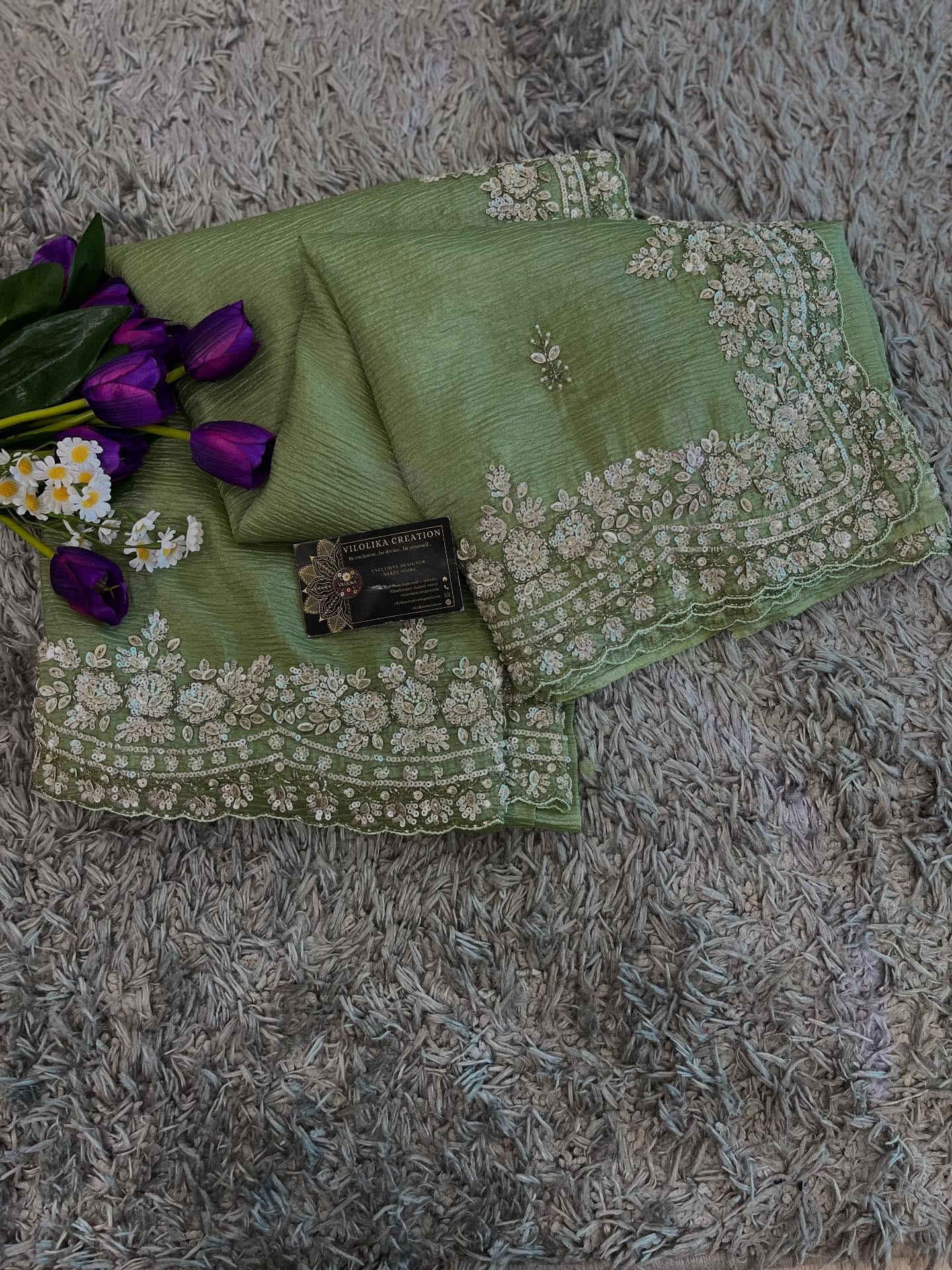 Exclusive handworked pure crush tissue saree