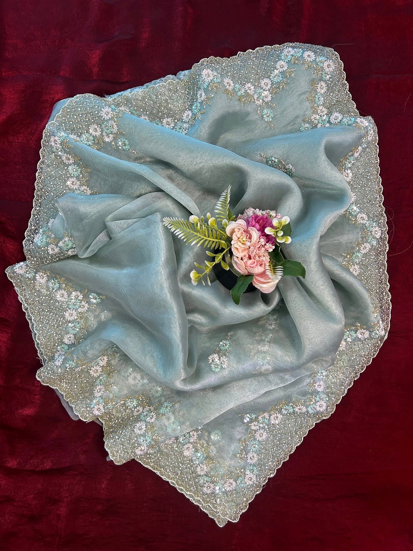 Handworked Tissue organza saree in triangle motif