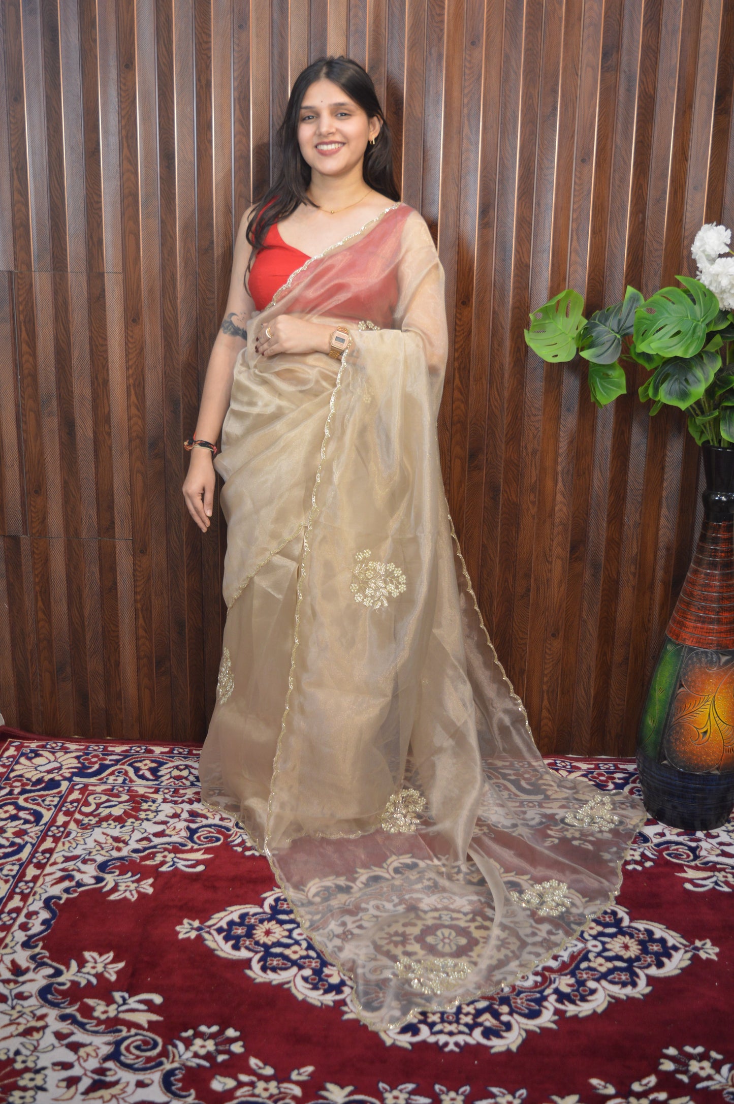 Star tissue organza sarees in big flower motif