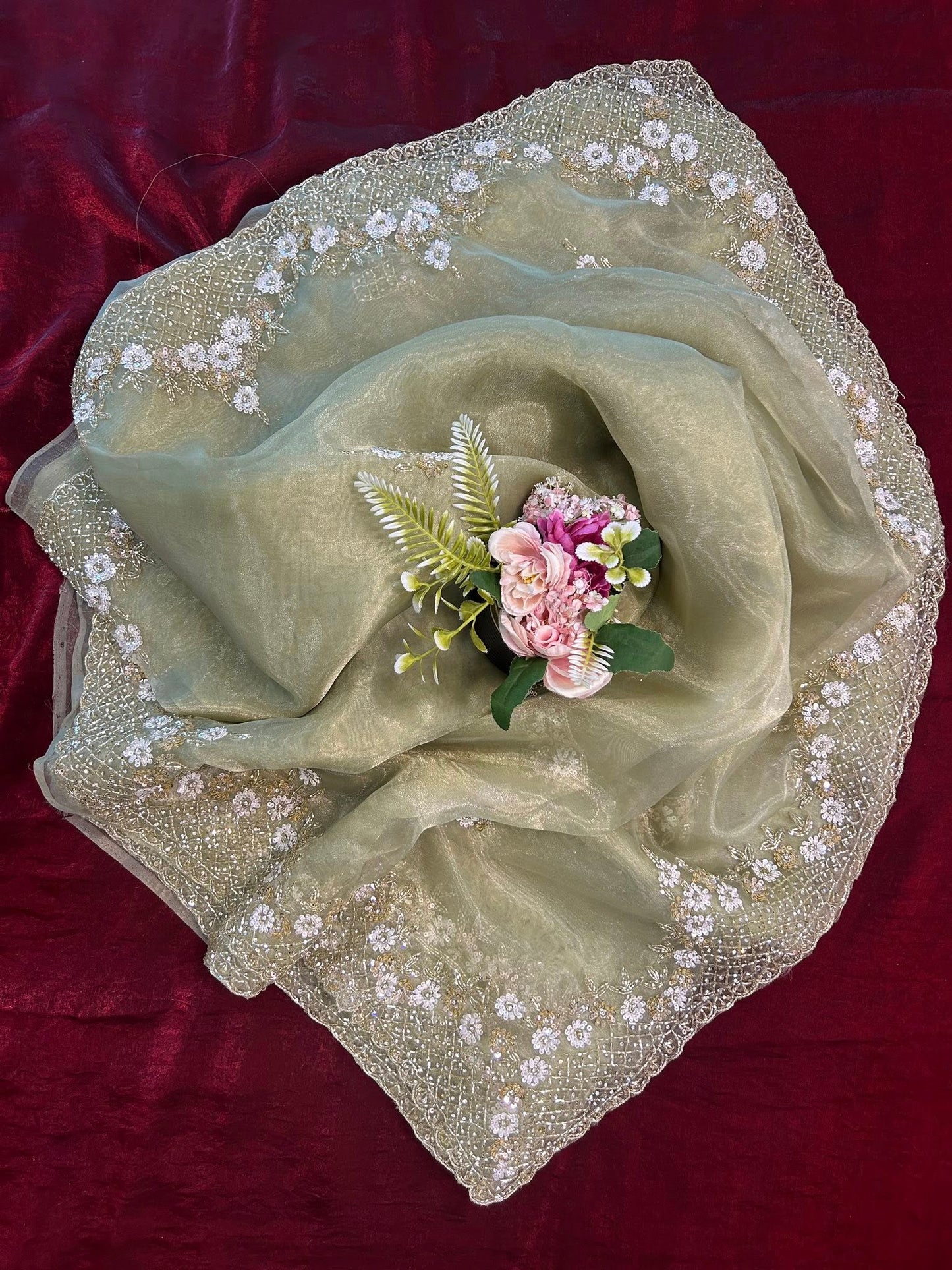 Handworked Tissue organza saree in triangle motif