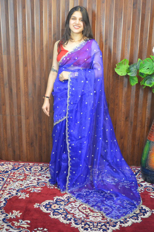 Handworked tissue organza sarees with allover floral butta