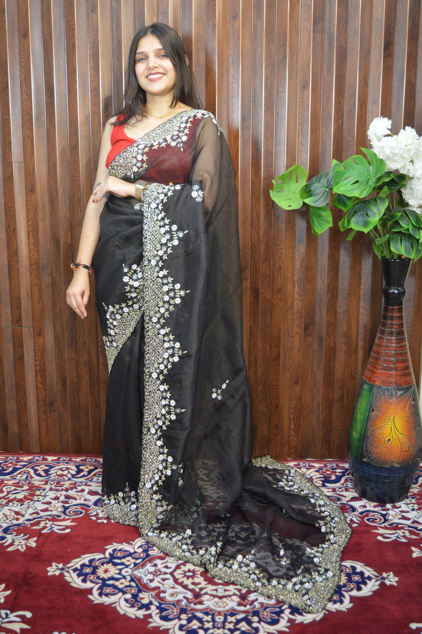 Handworked Tissue organza saree in triangle motif