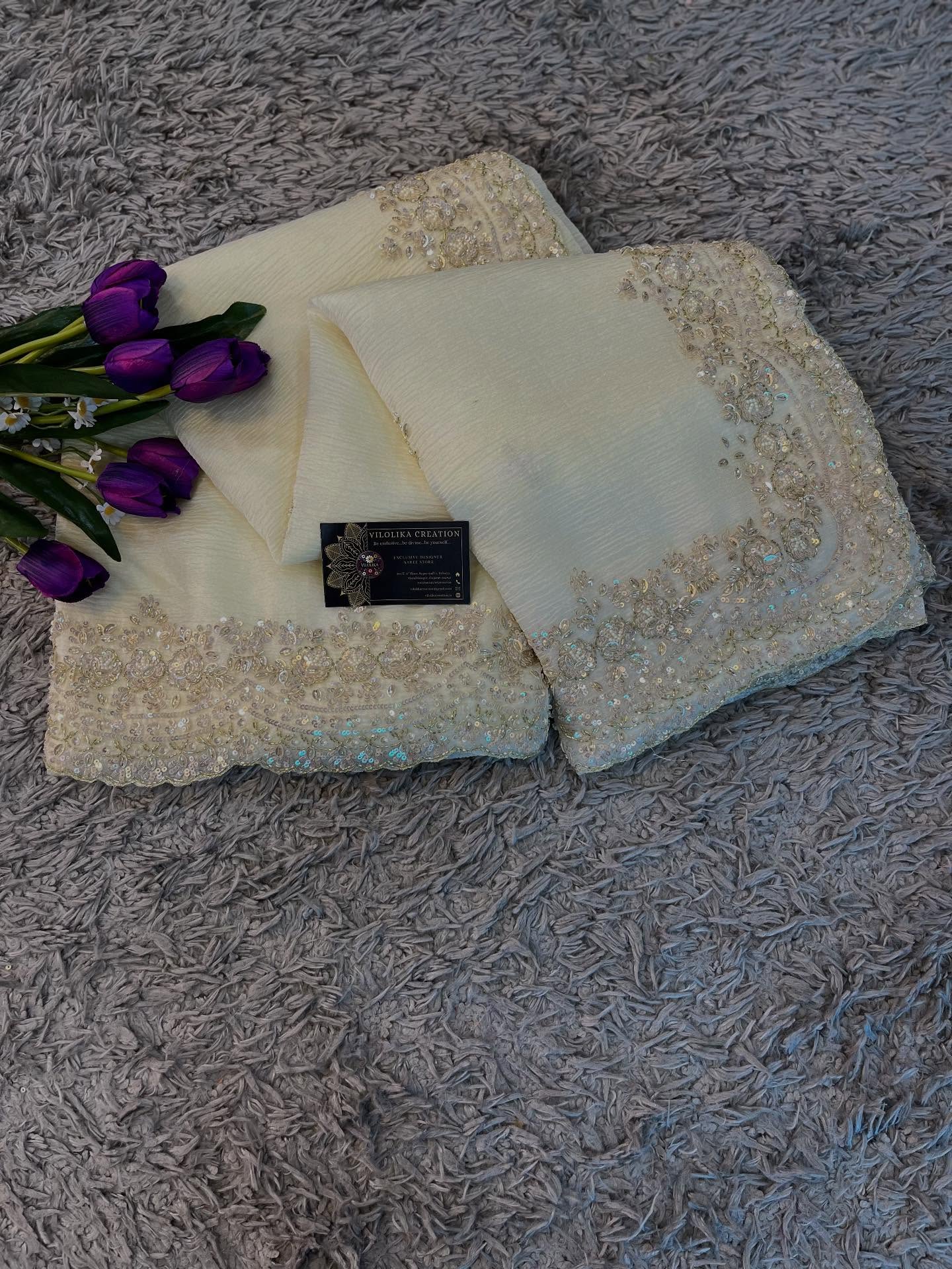 Exclusive handworked pure crush tissue saree