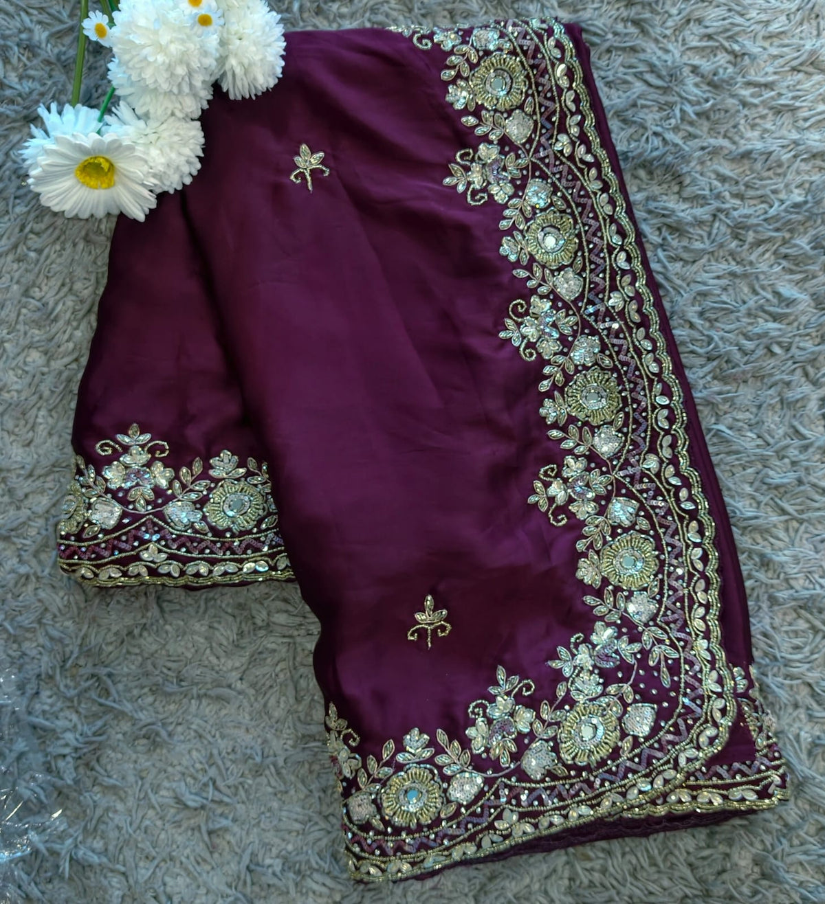 tulip handwork premium satin saree
