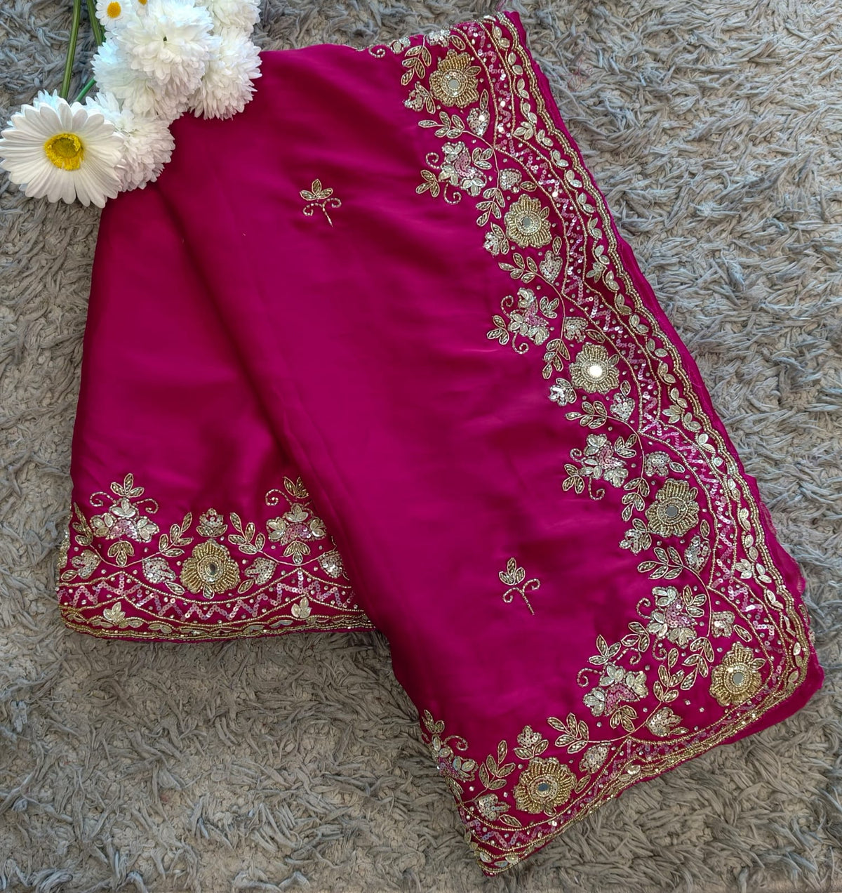 tulip handwork premium satin saree