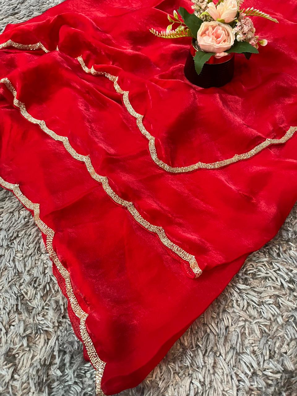 Star Velvet Satin Saree : With Handcrafted Golden Border-cutdana Work