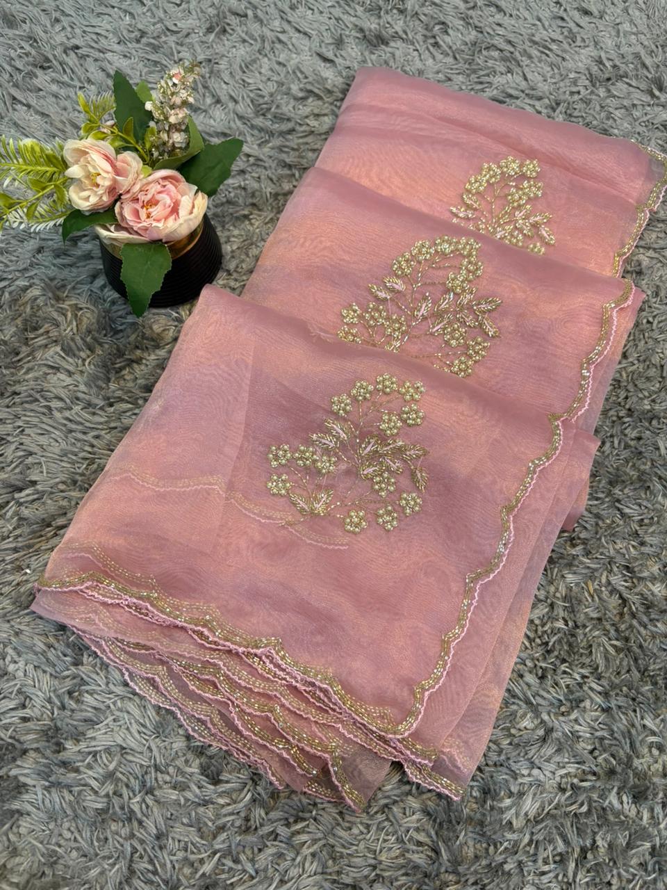Star tissue organza sarees in big flower motif