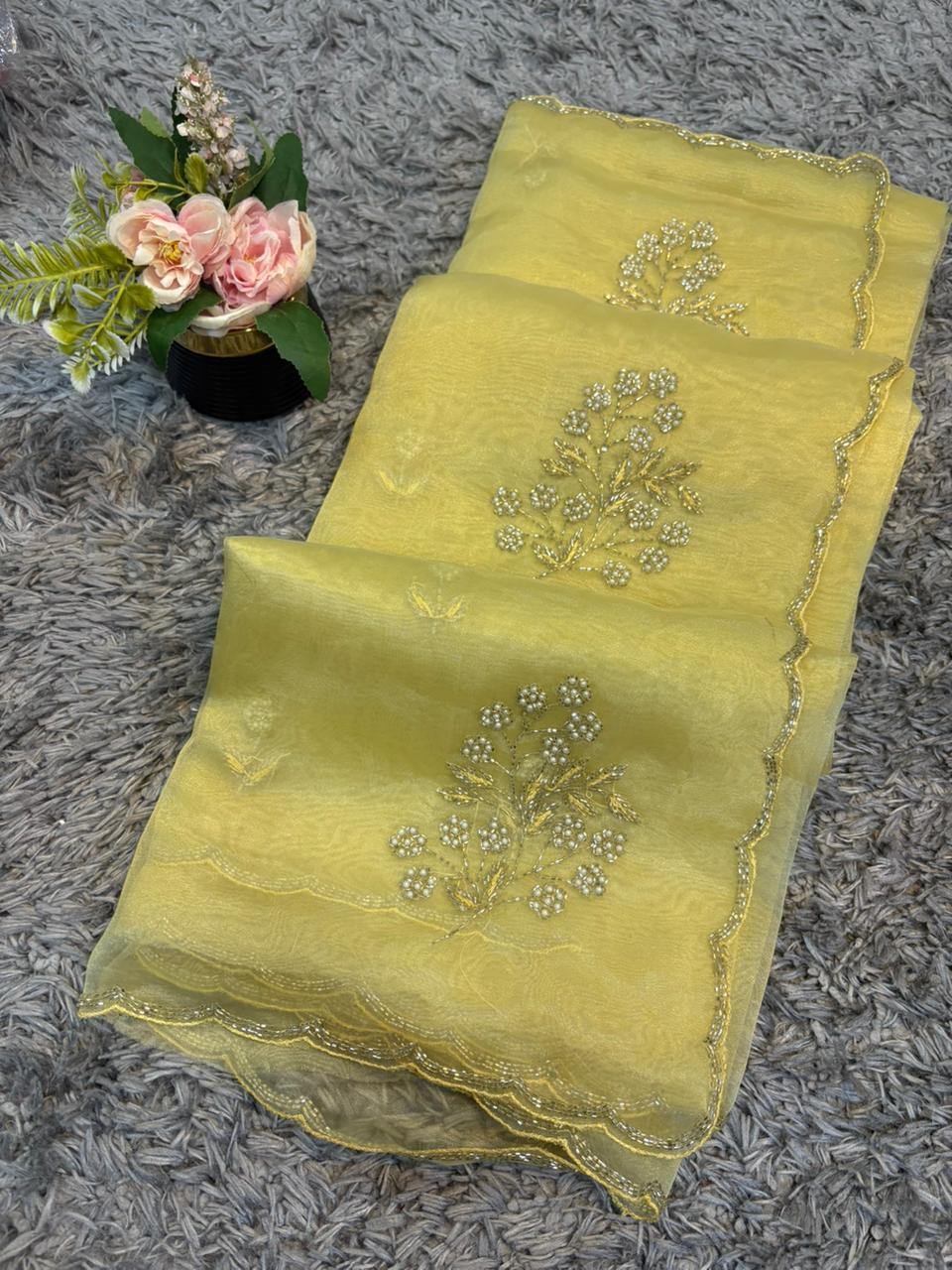 Star tissue organza sarees in big flower motif