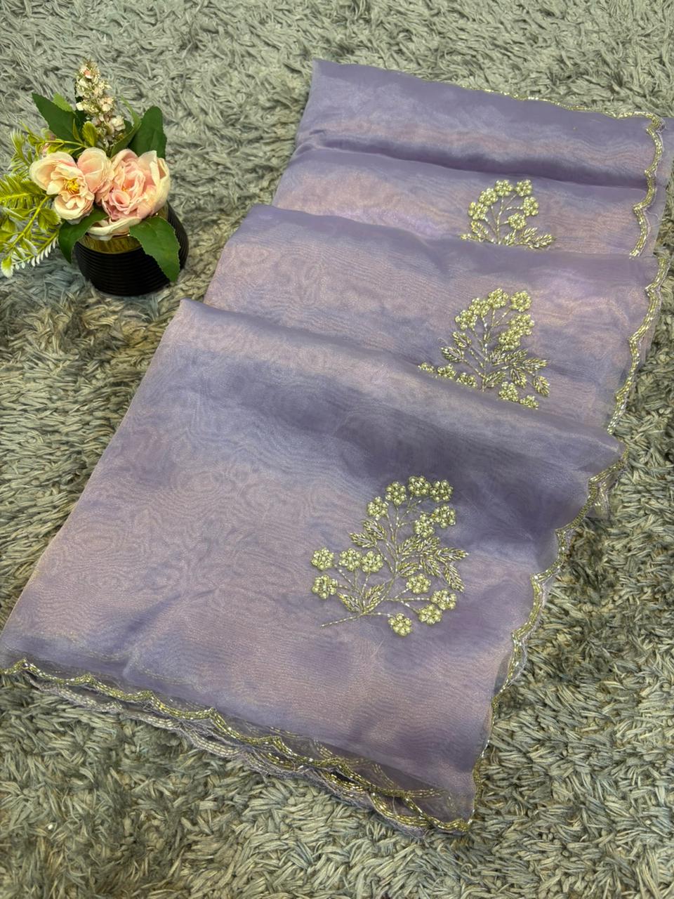 Star tissue organza sarees in big flower motif