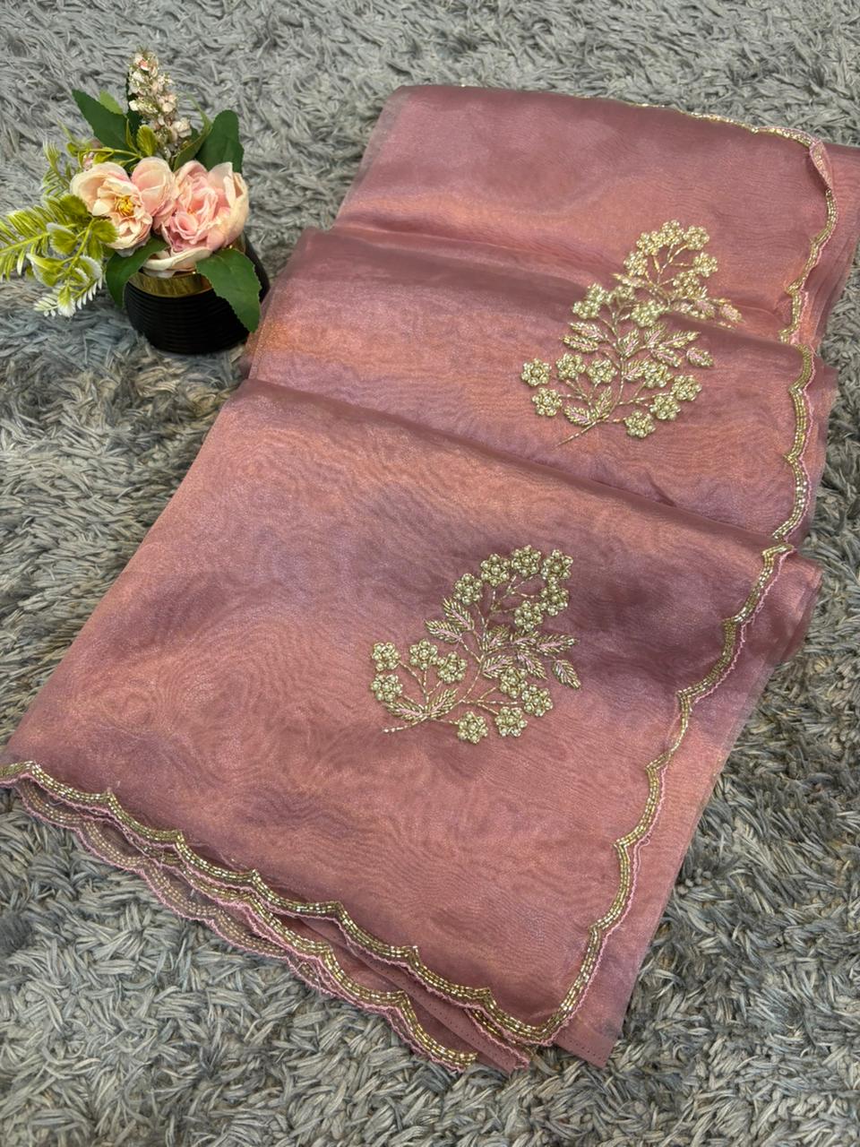 Star tissue organza sarees in big flower motif