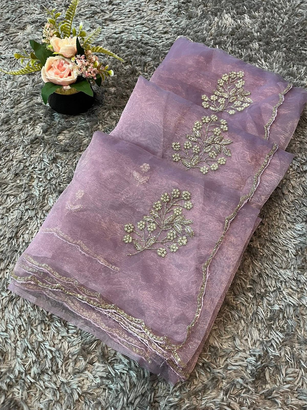 Star tissue organza sarees in big flower motif
