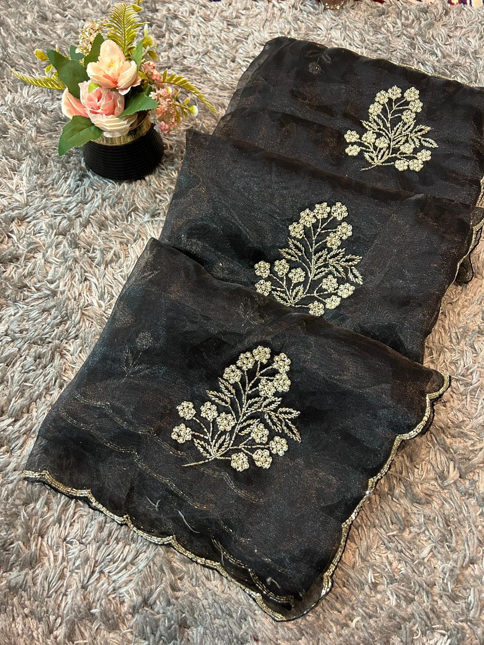 Star tissue organza sarees in big flower motif