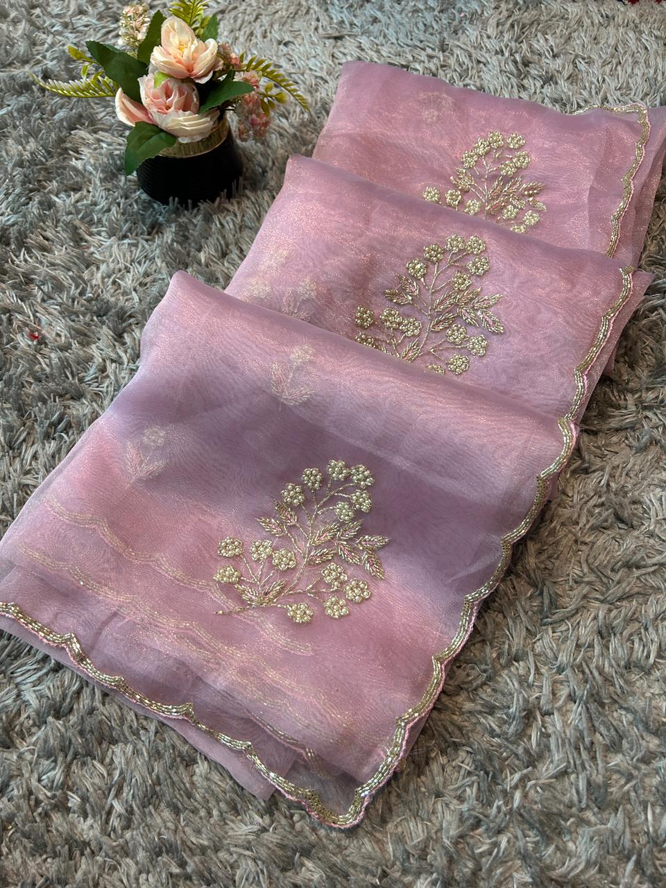 Star tissue organza sarees in big flower motif