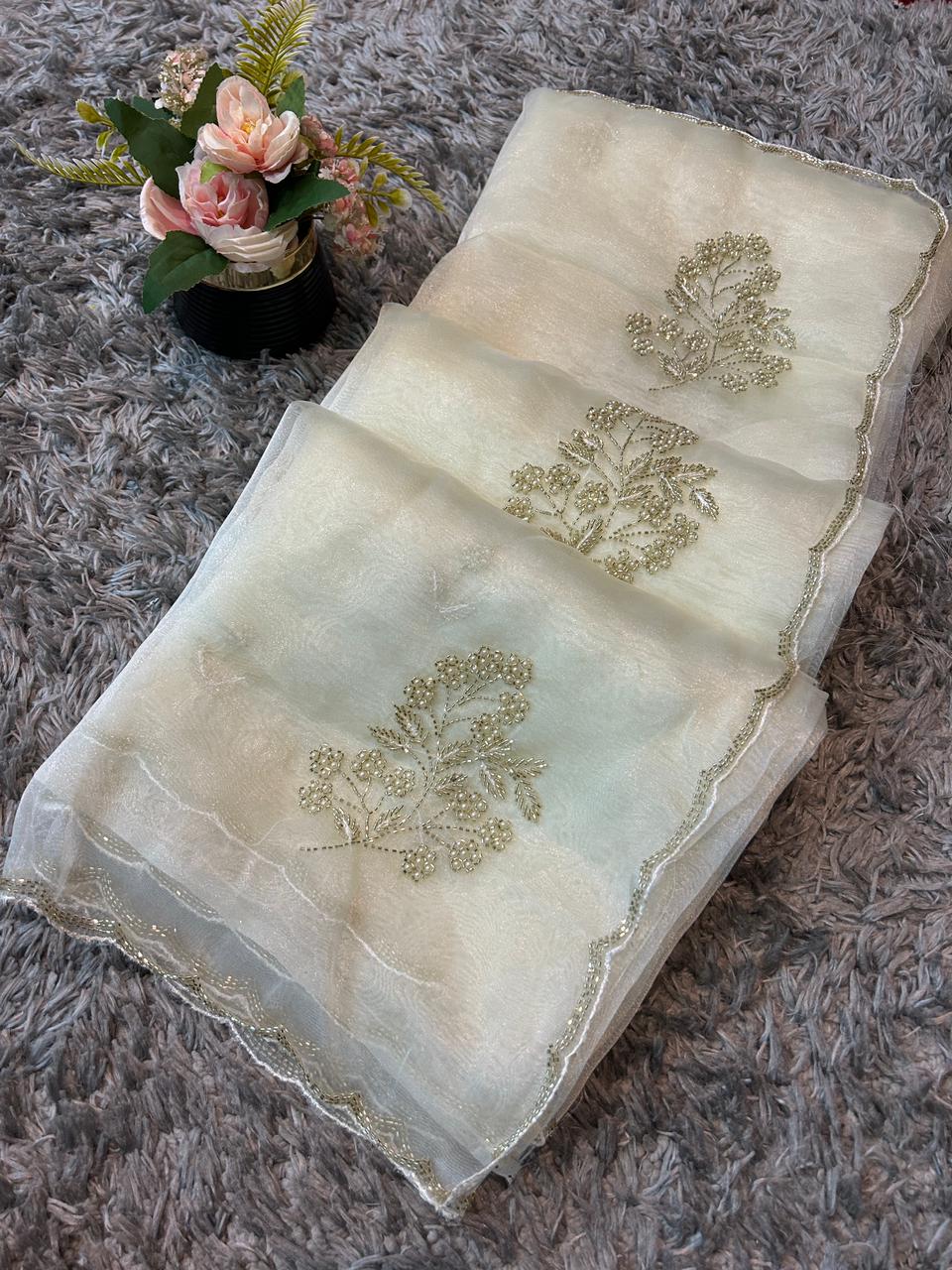 Star tissue organza sarees in big flower motif