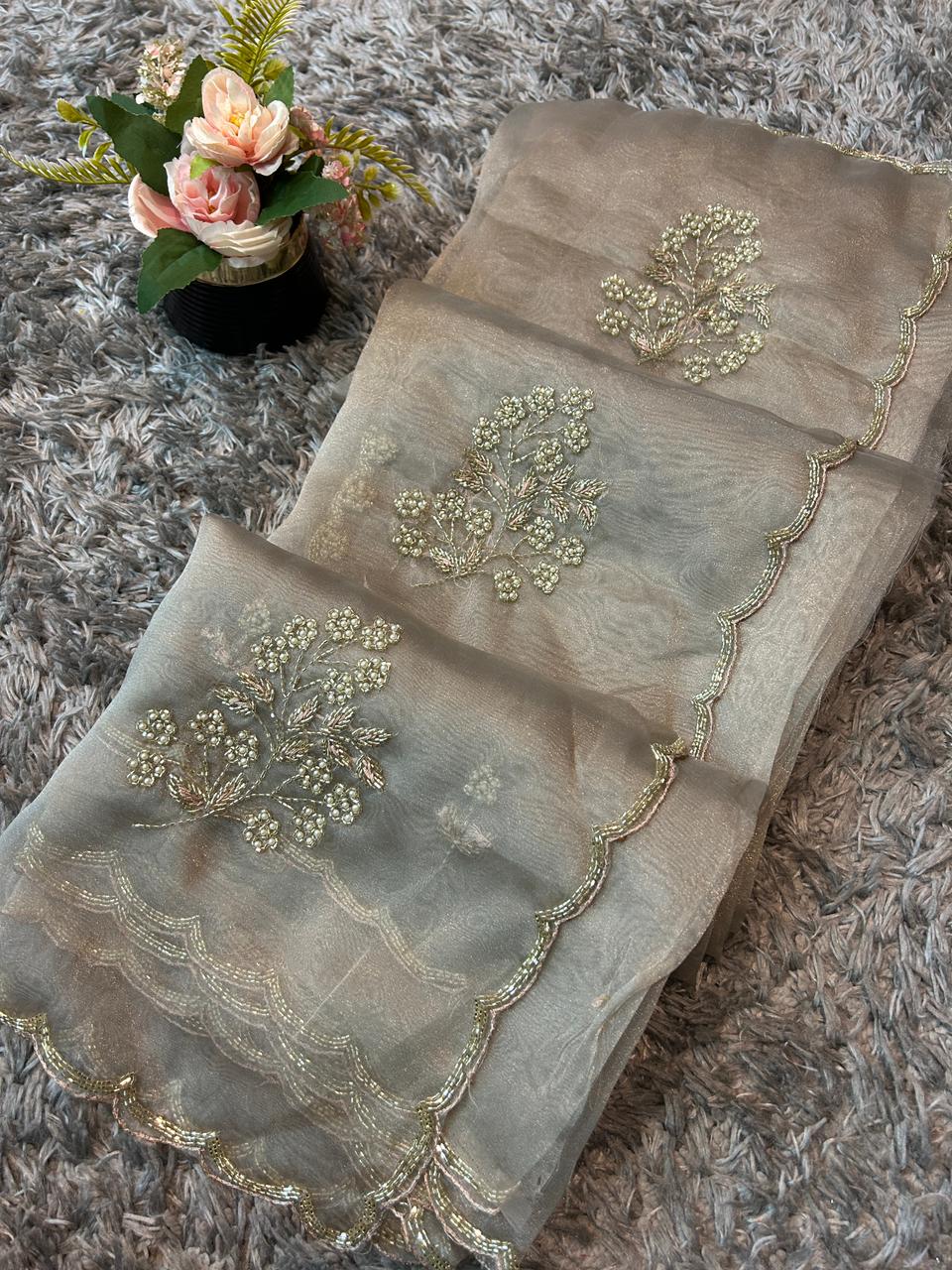 Star tissue organza sarees in big flower motif