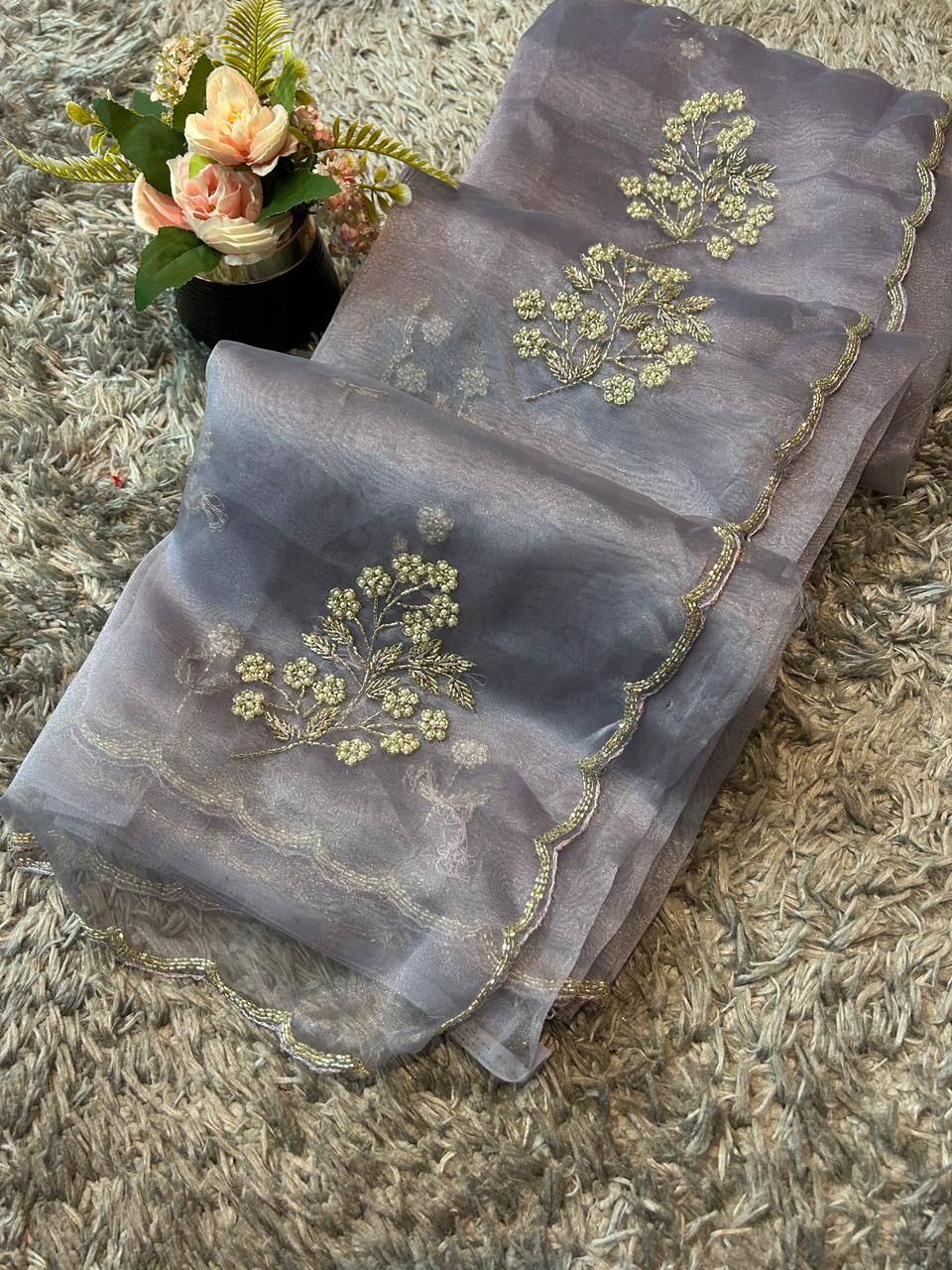 Star tissue organza sarees in big flower motif