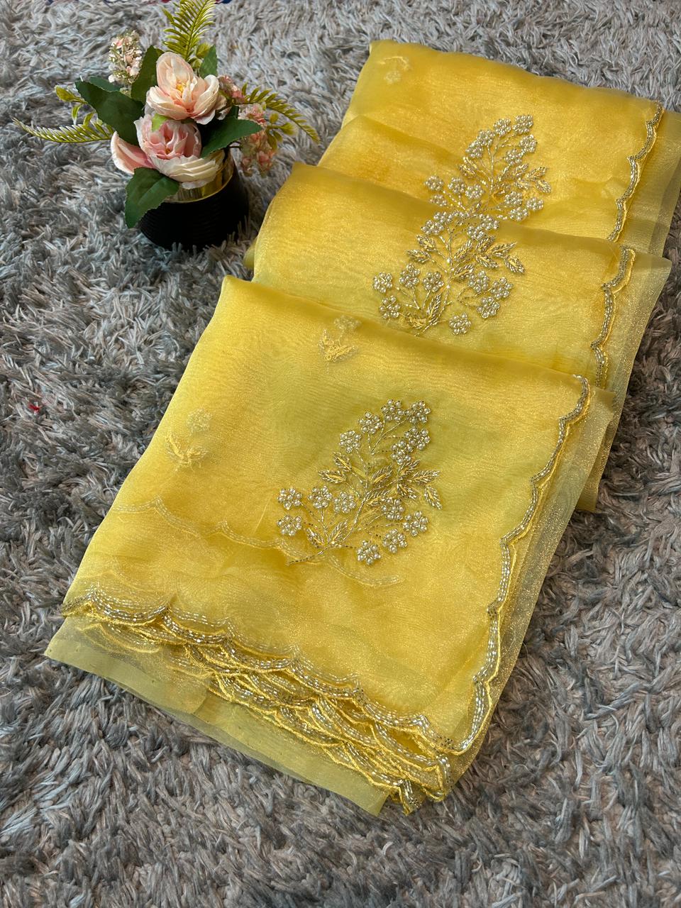 Star tissue organza sarees in big flower motif