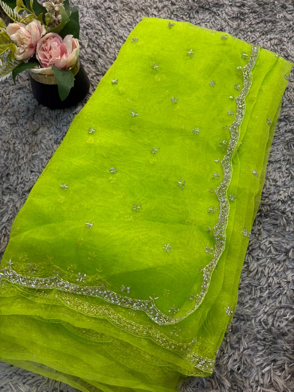 Handworked tissue organza sarees with allover floral butta