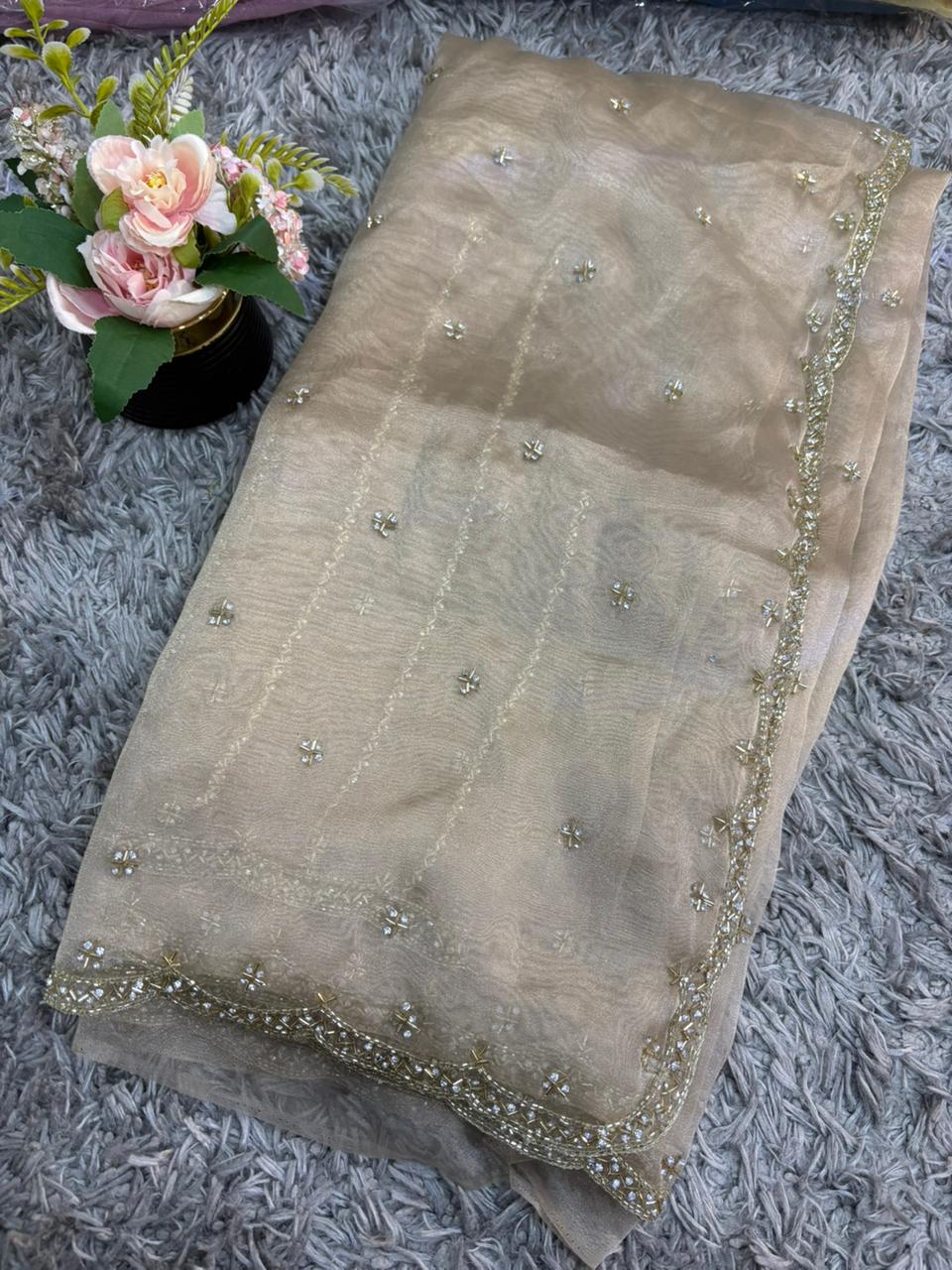Handworked tissue organza sarees with allover floral butta