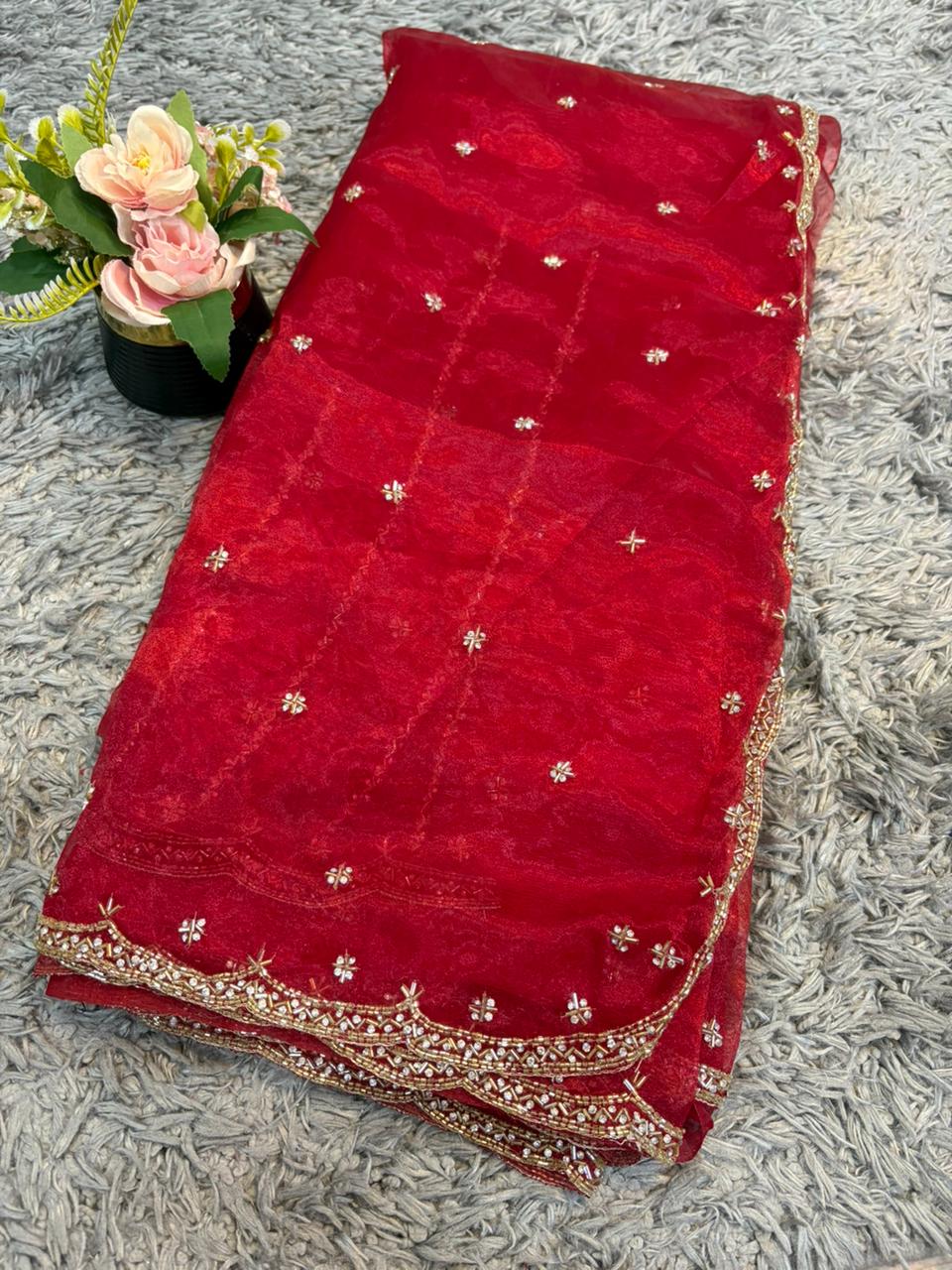 Handworked tissue organza sarees with allover floral butta
