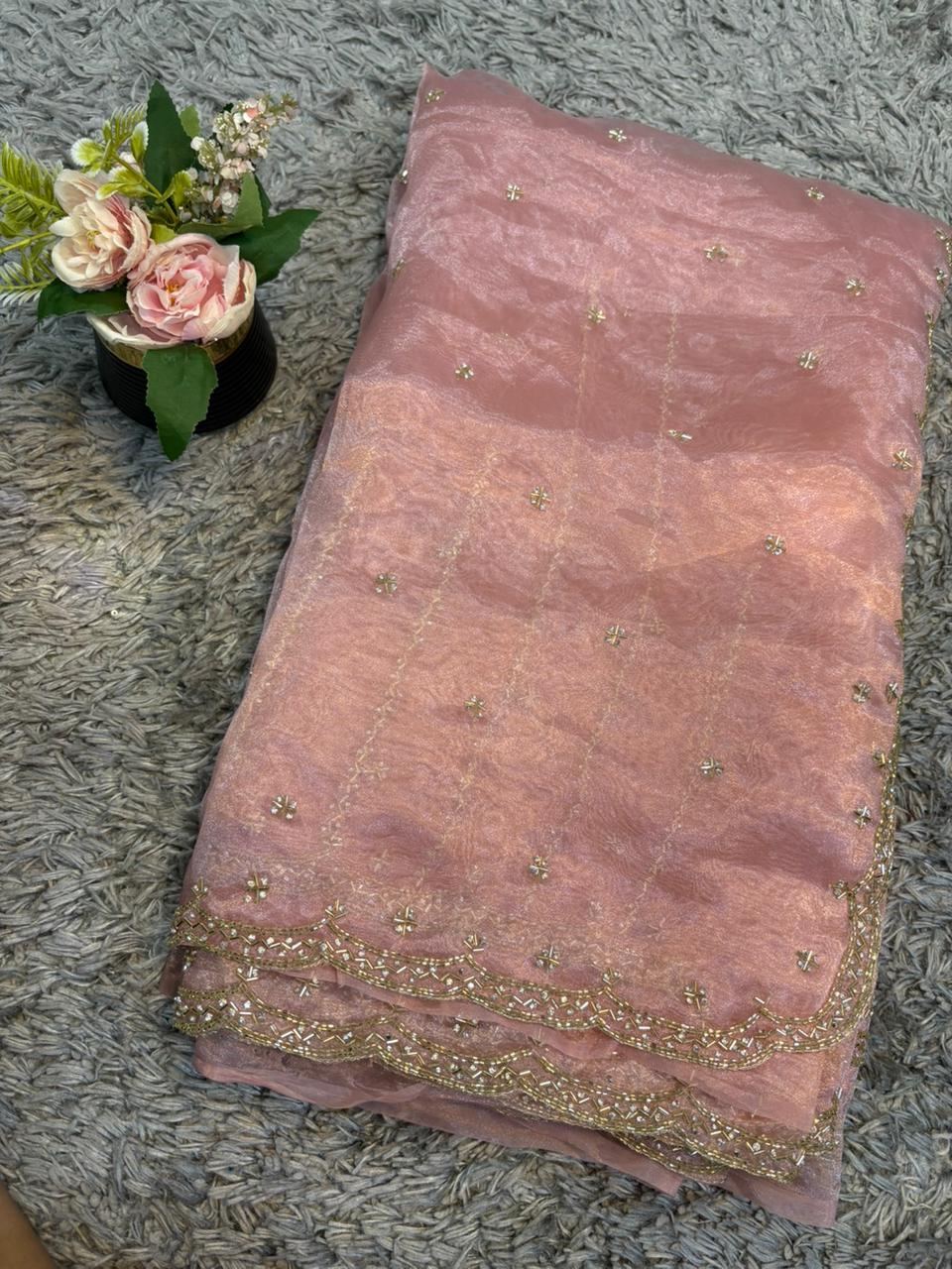 Handworked tissue organza sarees with allover floral butta