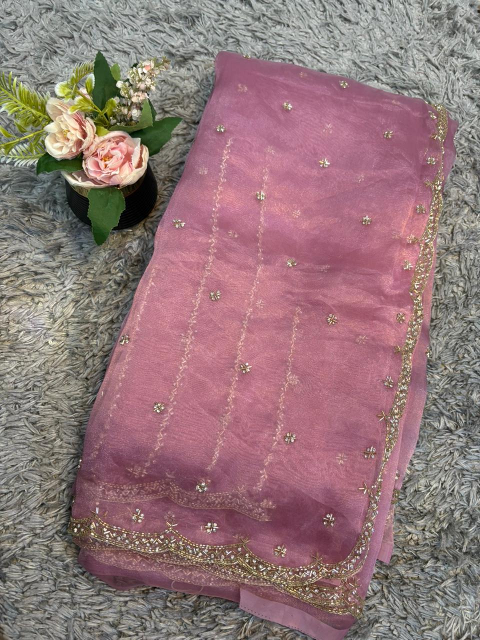 Handworked tissue organza sarees with allover floral butta