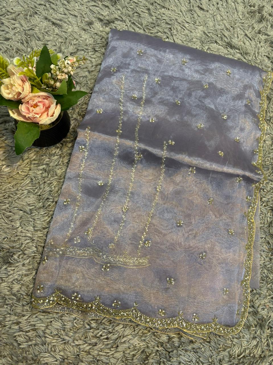 Handworked tissue organza sarees with allover floral butta