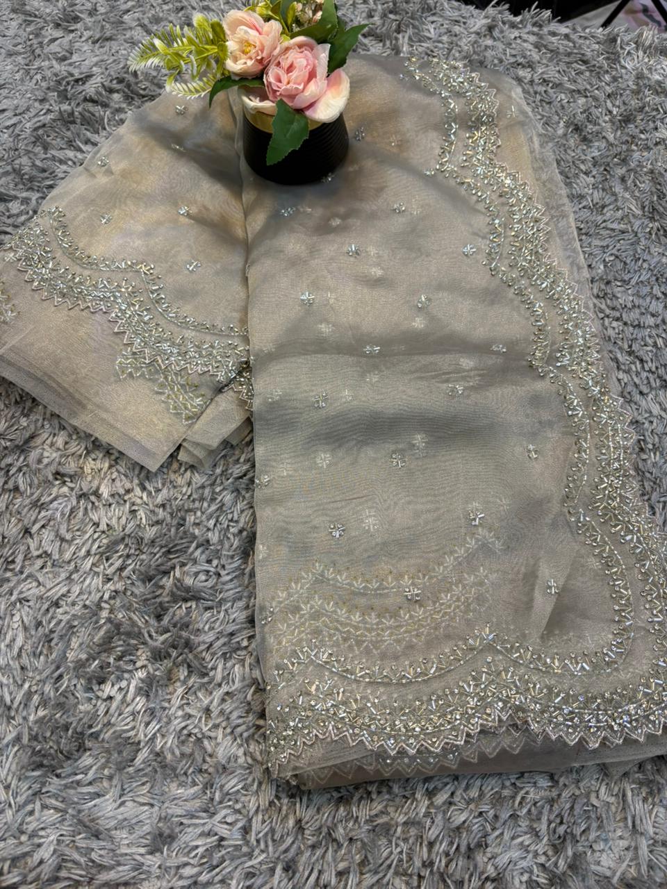 Dhamaka Tissue Organza saree in cutwork border