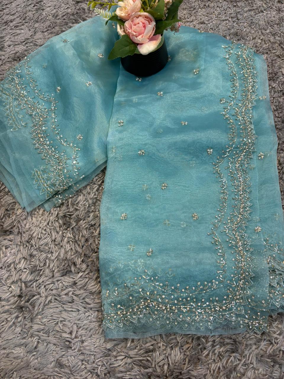 Dhamaka Tissue Organza saree in cutwork border