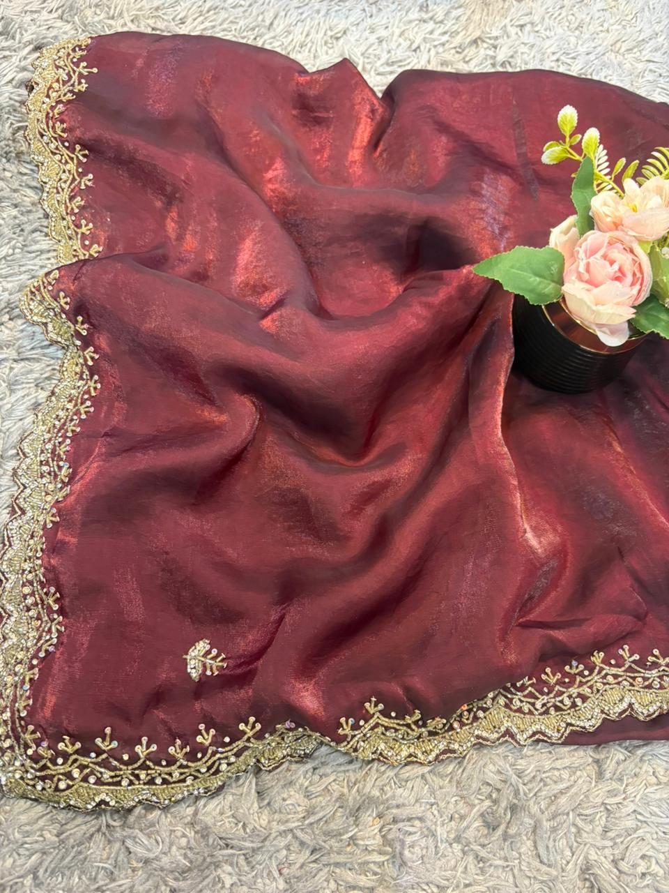 Dipika Velvet Satin Saree – Hand-worked Fendy Satin with Slick Border