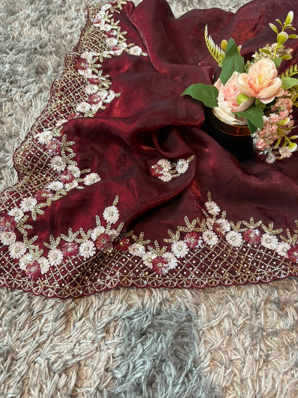 Exclusive Velvet Satin Saree with Hand-worked Triangle Motif