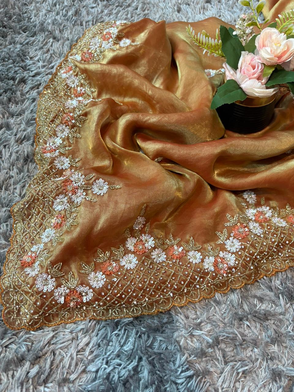 Exclusive Velvet Satin Saree with Hand-worked Triangle Motif