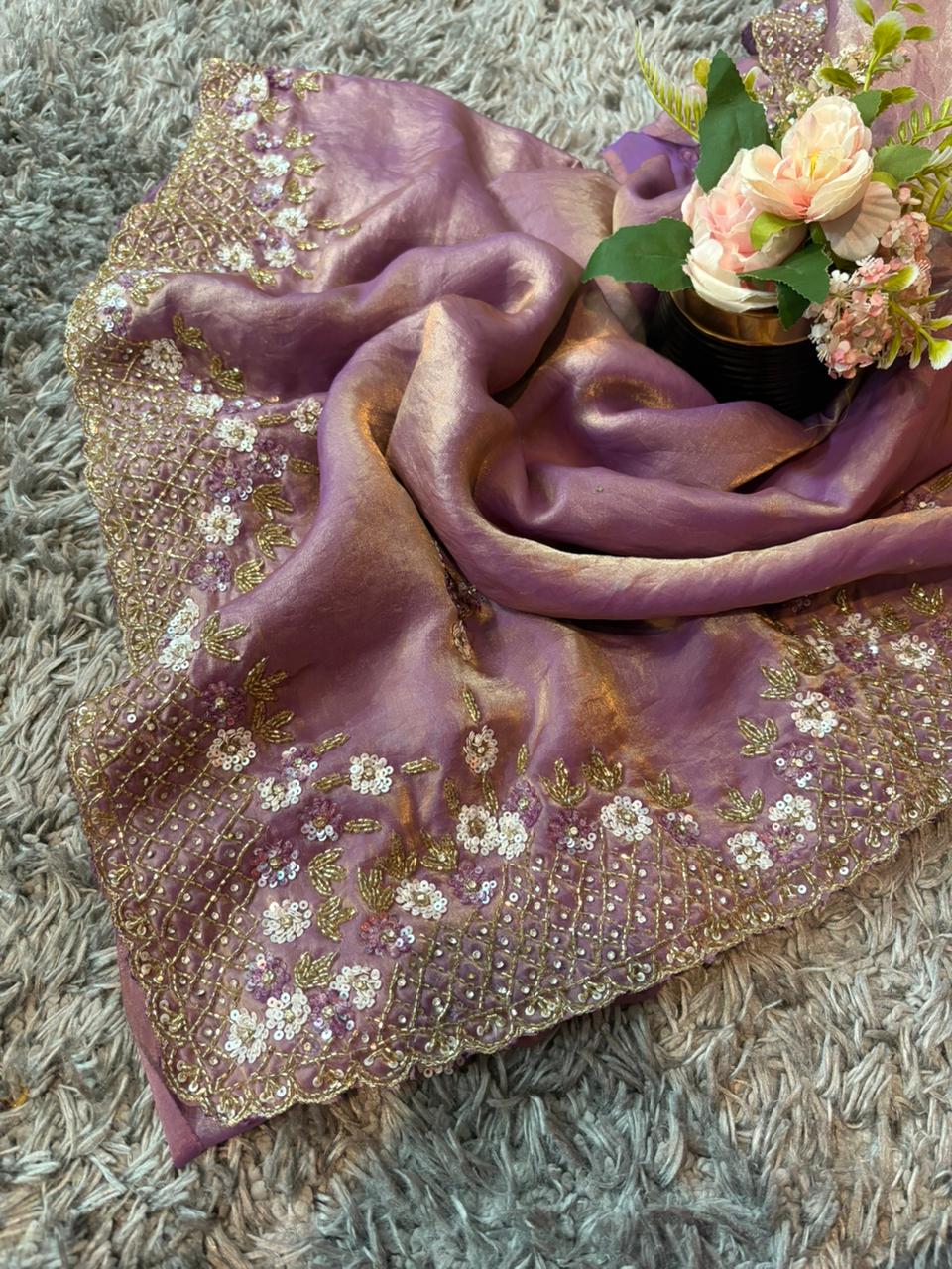 Exclusive Velvet Satin Saree with Hand-worked Triangle Motif