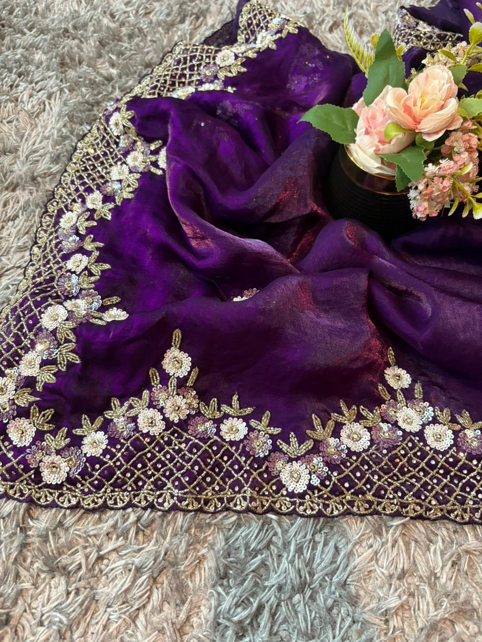 Exclusive Velvet Satin Saree with Hand-worked Triangle Motif