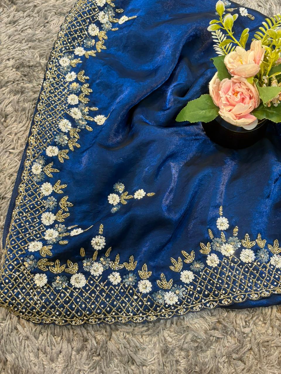 Exclusive Velvet Satin Saree with Hand-worked Triangle Motif