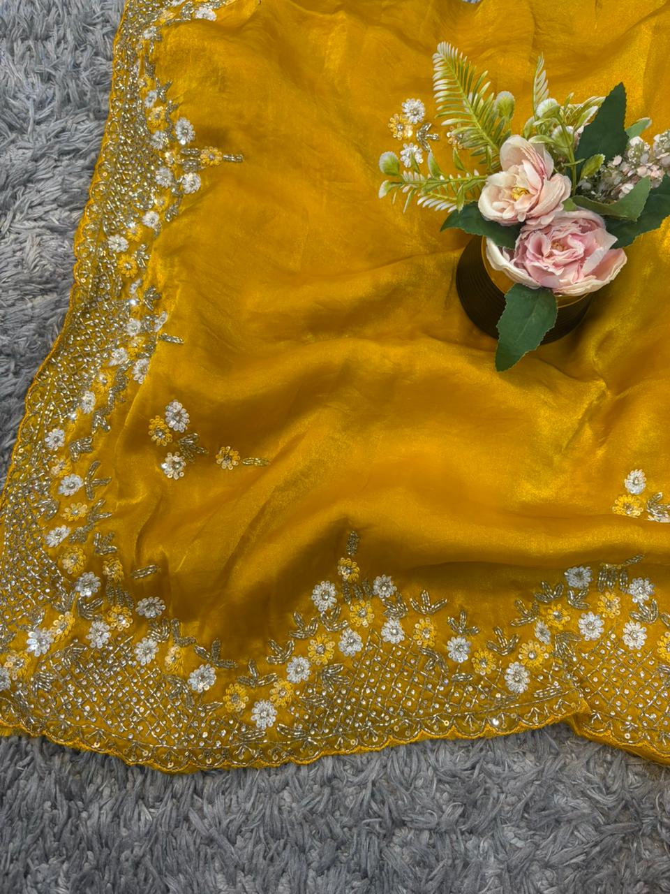 Exclusive Velvet Satin Saree with Hand-worked Triangle Motif