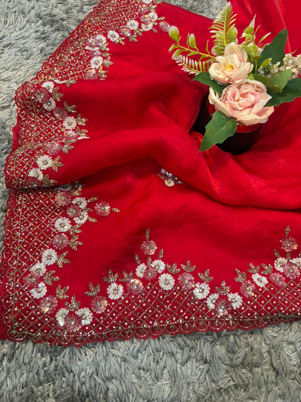 Exclusive Velvet Satin Saree with Hand-worked Triangle Motif