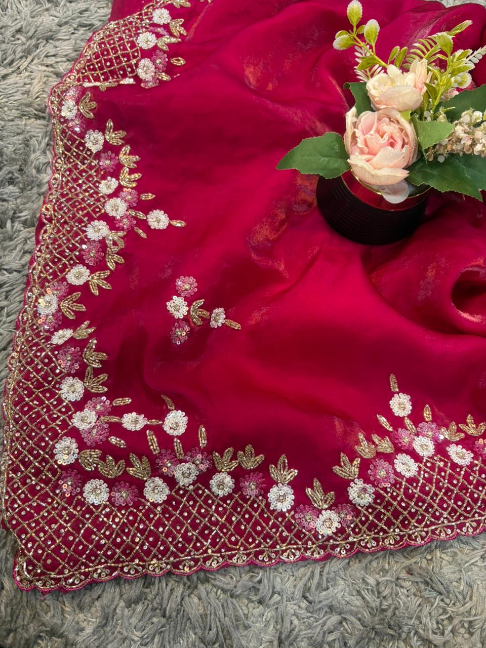 Exclusive Velvet Satin Saree with Hand-worked Triangle Motif