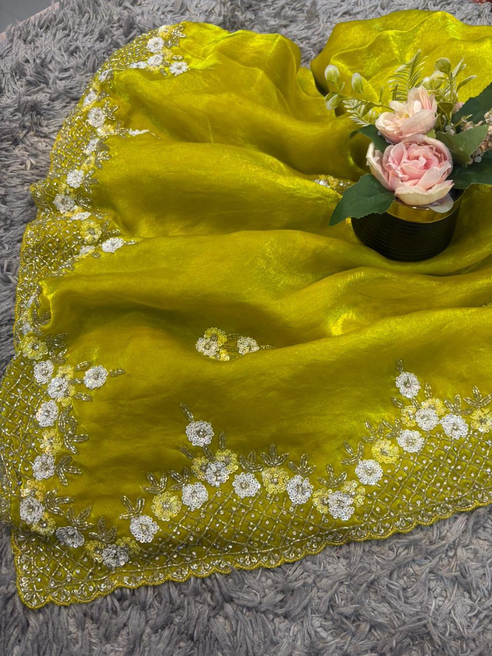 Exclusive Velvet Satin Saree with Hand-worked Triangle Motif