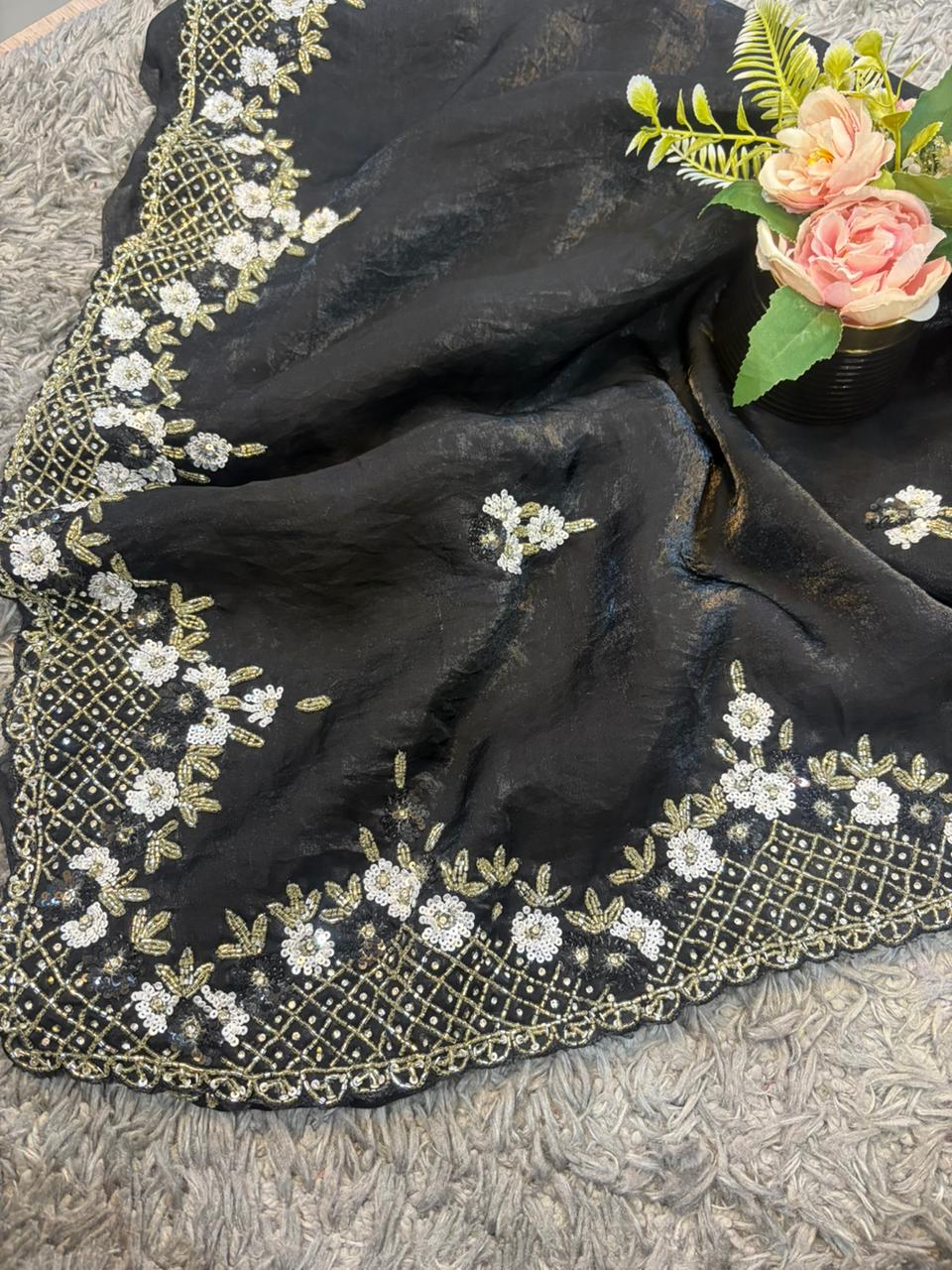 Exclusive Velvet Satin Saree with Hand-worked Triangle Motif