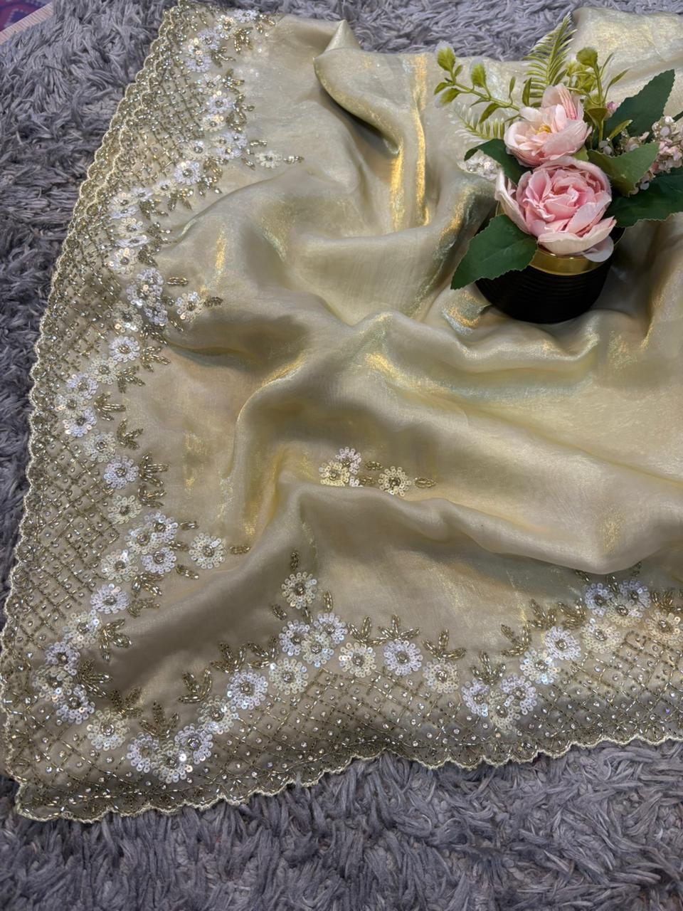 Exclusive Velvet Satin Saree with Hand-worked Triangle Motif