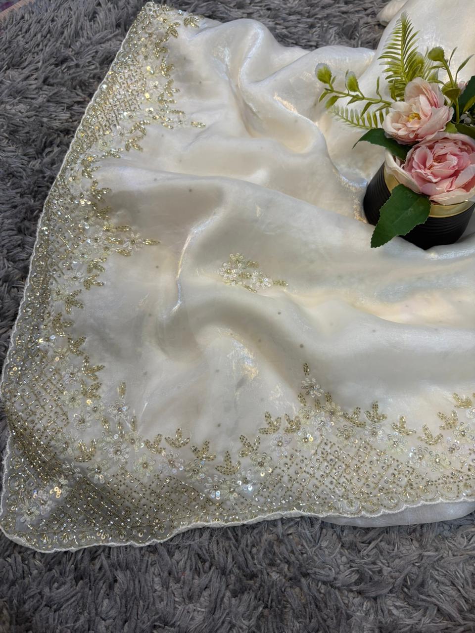 Exclusive Velvet Satin Saree with Hand-worked Triangle Motif