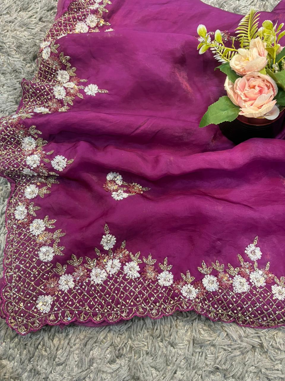 Exclusive Velvet Satin Saree with Hand-worked Triangle Motif