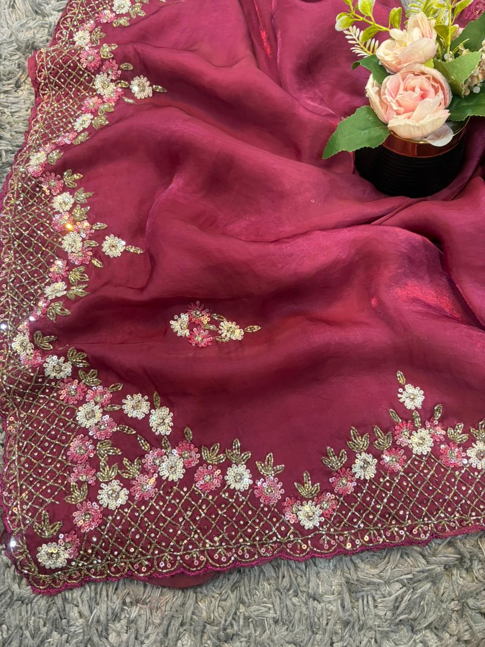 Exclusive Velvet Satin Saree with Hand-worked Triangle Motif