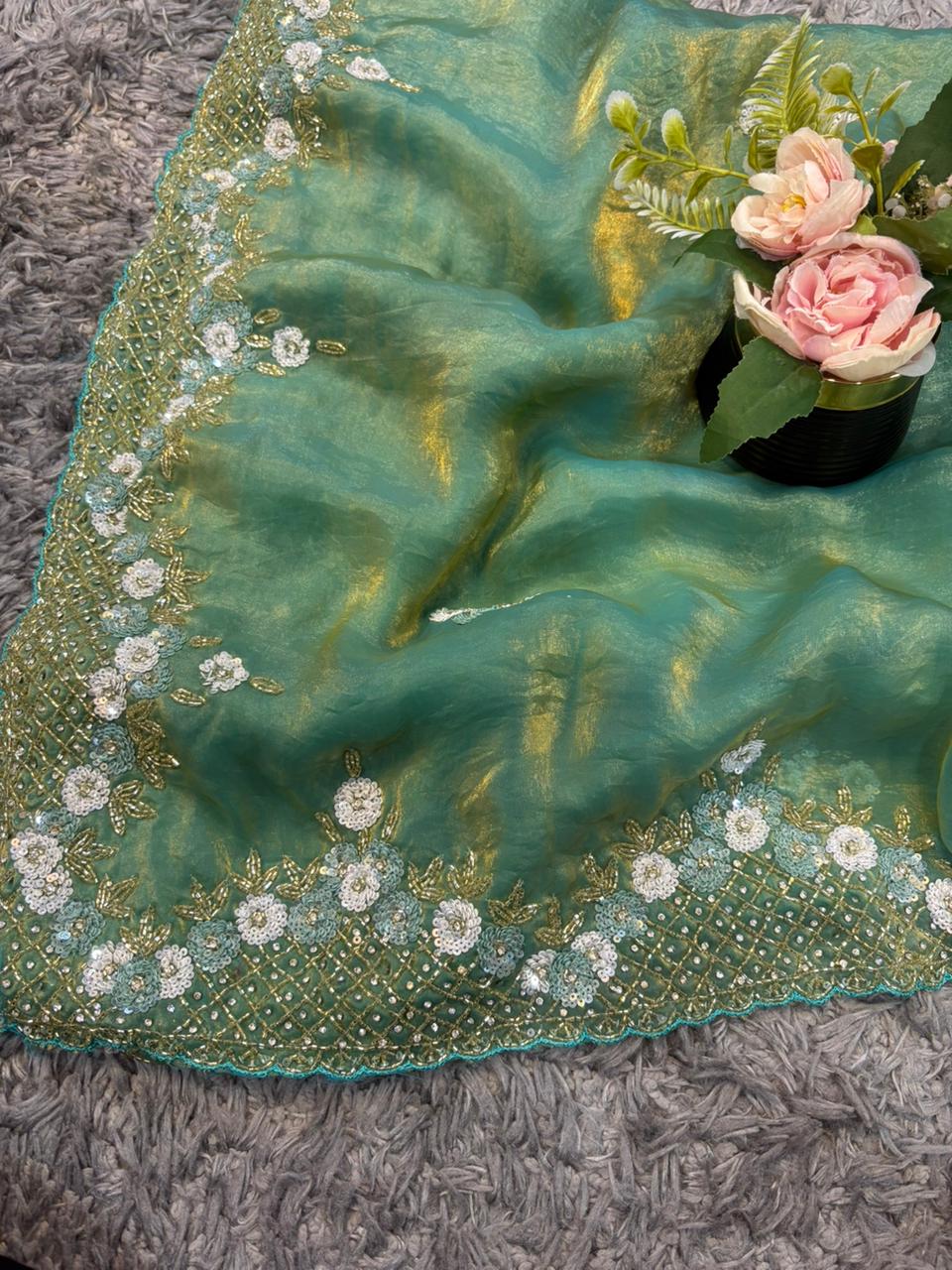Exclusive Velvet Satin Saree with Hand-worked Triangle Motif