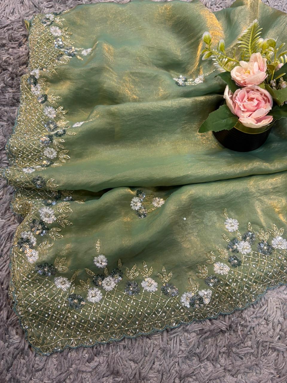 Exclusive Velvet Satin Saree with Hand-worked Triangle Motif